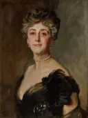 (Portrait of Constance Gladys, Countess de Grey, later Marchioness of Ripon) van John Singer Sargent: portret met vrouw, parels, avondjurk en waaier, in donkerbruin en huidroze