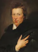 Portrait of Daniel Nijs van Peter Paul Rubens: portret met man, zwarte mantel, kraag en hand, in donker bruin met wit