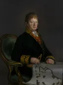 Portrait of Don Juan Antonio Cuervo van Francisco Goya: portret met man, zittend, stoel en bouwtekening, in donker met wit
