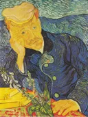 Portrait of Dr. Gachet van Vincent van Gogh: portret met man, pet, vingerhoedskruid en tafel, in blauw en geel