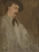 Portrait of Dr. William van James McNeill Whistler: portret met man, snor, hoed en jas, in warm bruin en grijs