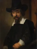 Portrait of Ephraim Bueno van Rembrandt van Rijn: portret met man, hoed, zwarte mantel en trap, in donker bruin