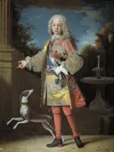 Portrait of Ferdinand VI as a Boy van Jean Ranc: portret met jongeman, hond, pruik en fontein, in grijsblauw en roze