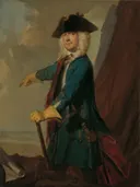 Portrait of Gerrit Sichterman by Amsterdam van Cornelis Troost: portret met man, steek, mantel en officier, in groen en rood
