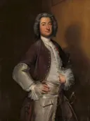 Portrait of Isaac Sweers, Chief Officer of Amsterdam and Governor of the Dutch East India Company van Cornelis Troost: portret met man, pruik, bruine jas en kant, in warm bruin en grijs