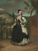 Portrait of Isabel Parreño y Arce, Marquise of Llano van Raphael: portret met vrouw, zwarte jurk, vogel en tuin, in zwart met okergroen