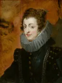 Portrait of Isabella of Bourbon van Peter Paul Rubens: portret met vrouw, kraag, parels en zwarte japon, in warm oranjebruin met wit