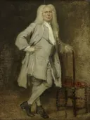Portrait of Jan Lepeltak, Timber Merchant in Amsterdam, Regent of the Aalmoezeniersweeshuis Orphanage van Cornelis Troost: portret met man, pruik, staand en stoel, in grijs en bruin