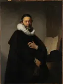 Portrait of Johannes Wtenbogaert van Rembrandt van Rijn: portret met man, zwarte kleding, molensteenkraag en boek, in zwart met wit