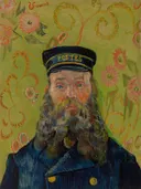 Portrait of Joseph Roulin van Vincent van Gogh: portret met postbode, baard, uniform en pet, in groen, blauw en roze