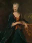 Portrait of Louise Christina Trip, wife of Gerrit Sichterman van Cornelis Troost: portret met vrouw, groene jurk, kant en zittend, in donkergroen en oranje