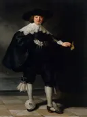 Portrait of Marten Soolmans van Rembrandt van Rijn: portret met man, zwarte kleding, kanten kraag en staand, in zwart met wit