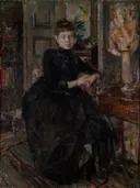 Portrait of Mary Slöör, the artist's fiancée van Akseli Gallen-Kallela: portret met vrouw, zwarte jurk, zittend en interieur, in donker bruin