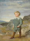 Portrait of Mervyn Roberts (1911) van George Clausen: portret met jongen, kind, staand en blauw pak, in gedempt blauw en grijs