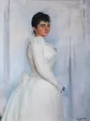 Portrait of Montserrat Carbó van Ramon Casas: portret met vrouw, witte jurk, staand en hoge kraag, in licht wit en grijs