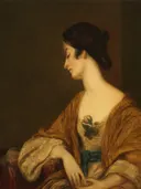 Portrait of Mrs. George Collier van Joshua Reynolds: portret met vrouw, profiel, goudkleurige stof en opgestoken haar, in goudbruin