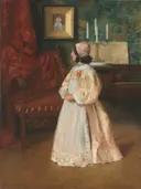 Portrait of My Daughter Alice van William Merritt Chase: portret met meisje, witte jurk, interieur en stoel, in warm rood en creme