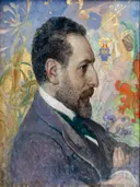 Portrait of Oscar Levertin Thielska 209 van Carl Larsson: portret met man, profiel, baard en patroon, in bont met blauw en oker