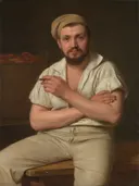 Portrait of P. Ryder, Son of the Artist’s Cousin van Christen Købke: portret met man, pet, gekruiste armen en witte kleding, in warm bruin met wit