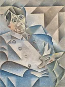 Portrait of Pablo Picasso van Juan Gris: portret met man, kubisme, palet en vlakken, in blauw en bruin