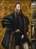 Portrait of Pier Maria Rossi di San Secondo van Parmigianino: portret met man, bontjas, baard en gouden wand, in goud en zwart