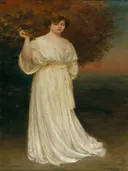 Portrait of Senyora Baladia van Ramon Casas: portret met vrouw, witte jurk, tak en staand, in crème met okergroen
