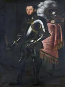 Portrait of Sigismund II Augustus in armor van Toegeschreven aan Lucia Anguissola: portret met man, harnas, helm en staand, in donker met rood
