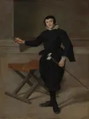 Portrait of the Jester Calabazas van Diego Velazquez: portret met man, zwarte kleding, staand en kruk, in donker grijsbruin