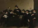 Portrait of the Regents of the Nieuwezijds Institute for the Outdoor Relief of the Poor, Amsterdam, c. 1650 van Jacob Adriaensz Backer: figuren met mannen, hoeden, zwarte kleding en tafel, in donker bruin en zwart