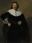 Portrait of Tieleman Roosterman van Frans Hals: portret met man, kraag, handschoenen en zwarte mantel, in donker met wit