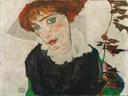 Portrait of Wally van Egon Schiele: portret met vrouw, rood haar, blauwe kraag en blauwe ogen, in wit, zwart en rood