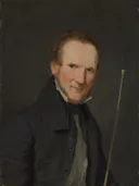 Portrait of Wilhelm Bendz van Christen Købke: portret met man, zwarte jas, wandelstok en zittend, in donker bruin