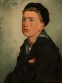 Portrait van Hilma af Klint: portret met jongeman, donkere jas, pet en schouderstuk, in gedempt grijsgroen