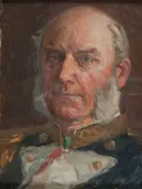 Portrait van Hilma af Klint: portret met jongeman, donkere jas, pet en schouderstuk, in gedempt grijsgroen
