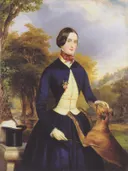 Porträt einer Frau als Amazone, mit ihren Windhund van Ferdinand Georg Waldmüller: portret met vrouw, hond, windhond en bomen, in donkerblauw en groen