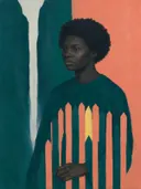 Portret bij de waterval in petrol en koraal, landschap schilderij