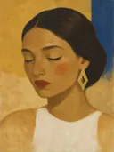 Schilderij: portret gesloten ogen in mosterd en kobaltblauw