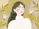 Illustratie van een vrouw met donker haar en gesloten ogen tegen een groengele achtergrond met bladeren.