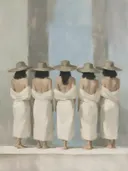 Schilderij: portret groep op de rug gezien in mist gehuld