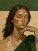 Schilderachtig olieverf schilderij, portret, hand bij het gezicht in aardetinten