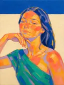 Portret, hand bij het gezicht, olieverf in diep fel koraal, schilderachtig olieverf schilderij, portret, hand bij het gezi...