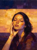 Portret, hand bij het gezicht, olieverf in diep gouden uur, schilderachtig olieverf schilderij, portret, hand bij het gezi...