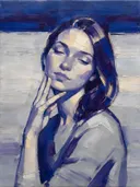 Portret, hand bij het gezicht, olieverf in diep kobalt en violet, schilderachtig olieverf schilderij, portret, hand bij he...