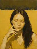 Portret, hand bij het gezicht, olieverf in diep mosterd en kobalt, schilderachtig olieverf schilderij, portret, hand bij h...