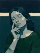 Portret, hand bij het gezicht, olieverf in diep nacht, schilderachtig olieverf schilderij, portret, hand bij het gezicht o...