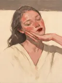 Portret, hand bij het gezicht, olieverf in diep oud roze, schilderachtig olieverf schilderij, portret, hand bij het gezich...