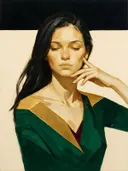 Portret, hand bij het gezicht, olieverf in diep smaragd en zwart, schilderachtig olieverf schilderij, portret, hand bij he...