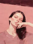 Portret, hand bij het gezicht, olieverf in diep stoffig roze, schilderachtig olieverf schilderij, portret, hand bij het ge...