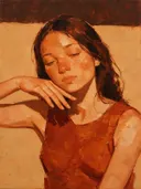 Portret, hand bij het gezicht, olieverf in diep terracotta, schilderachtig olieverf schilderij, portret, hand bij het gezi...