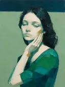 Schilderachtig olieverf schilderij, portret, hand bij het gezicht in diepgroen